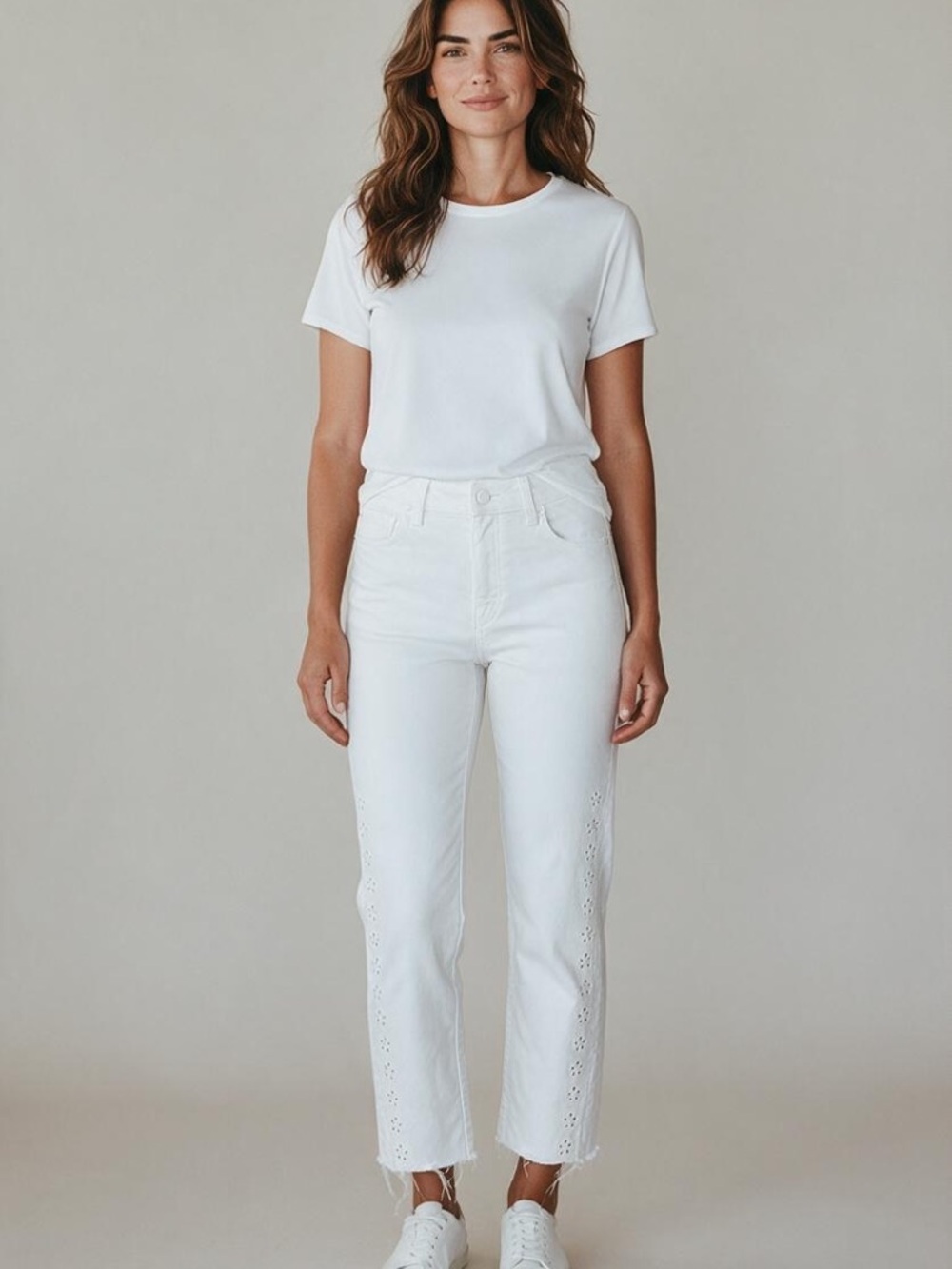 PAIGE White Cropped Eyelet-Trim Straight Jeans